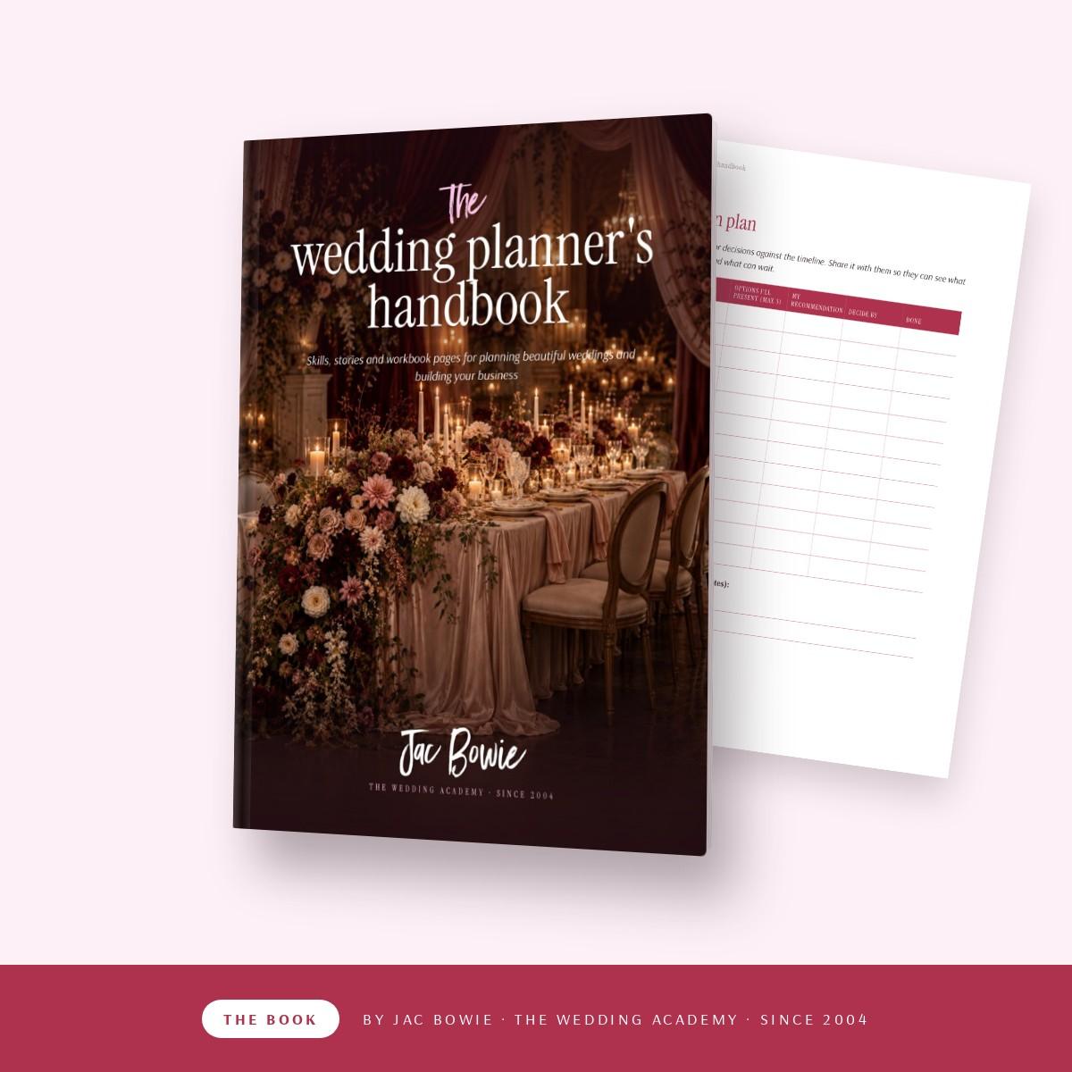 The Wedding Planner's Handbook by Jac Bowie, cover with a candlelit floral wedding table