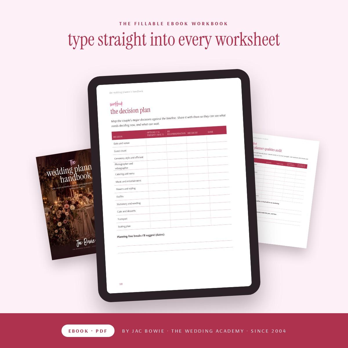 The Wedding Planner's Handbook fillable ebook workbook shown on a tablet