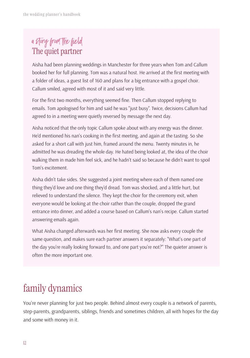 Wedding Academy | The Wedding Planner’s Handbook by Jac Bowie A story from the field page: The quiet partner