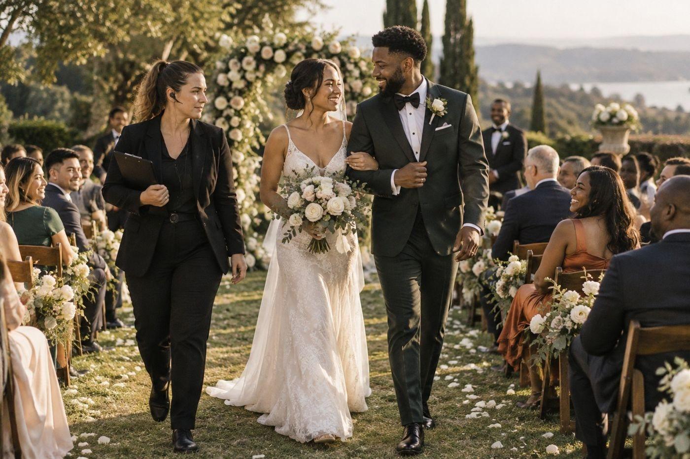 Wedding Academy | The Wedding Planner’s Handbook by Jac Bowie A wedding planner walking beside a couple after their ceremony