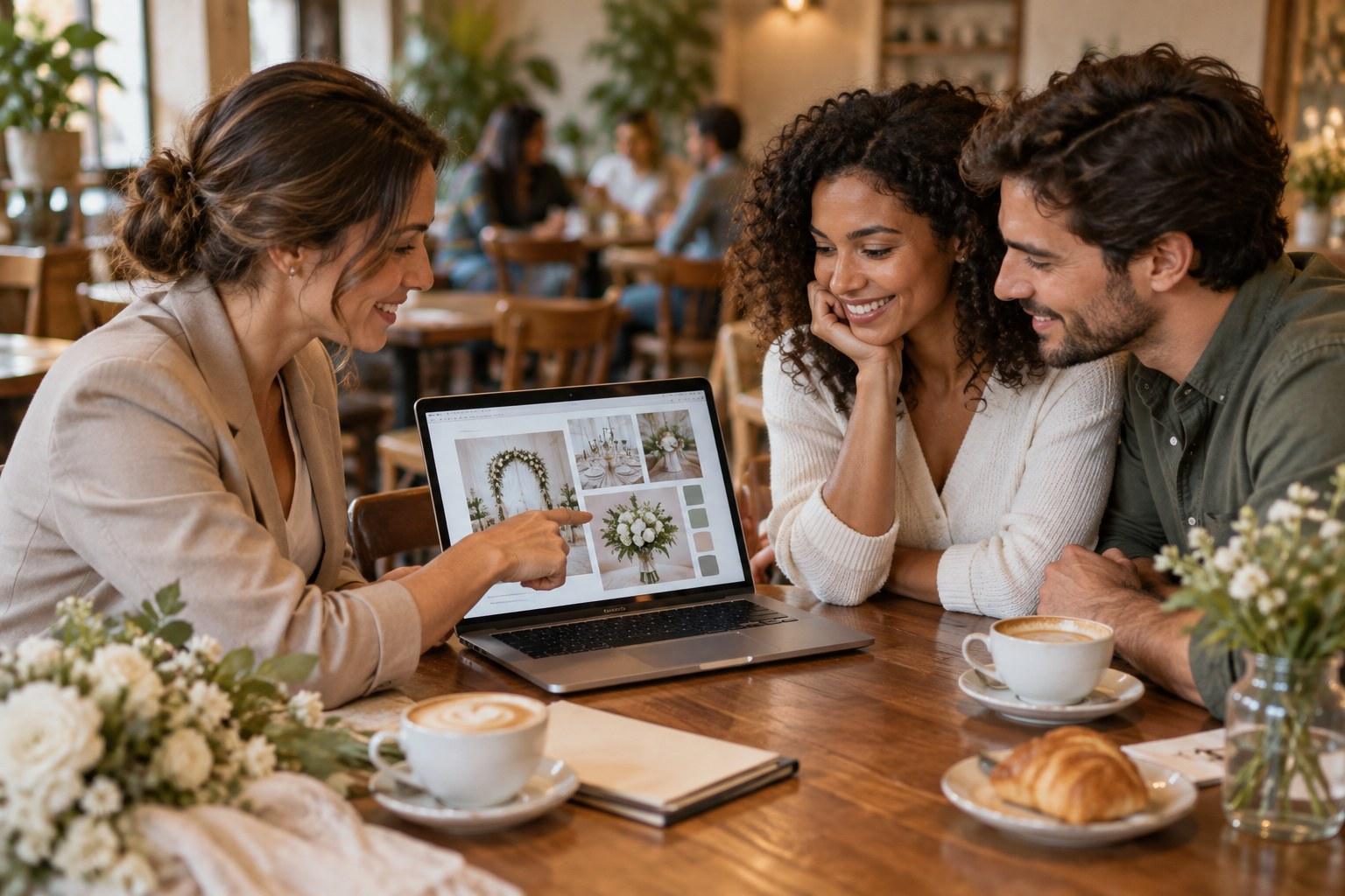 wedding planner showing a couple a planning timeline in wedding planning software