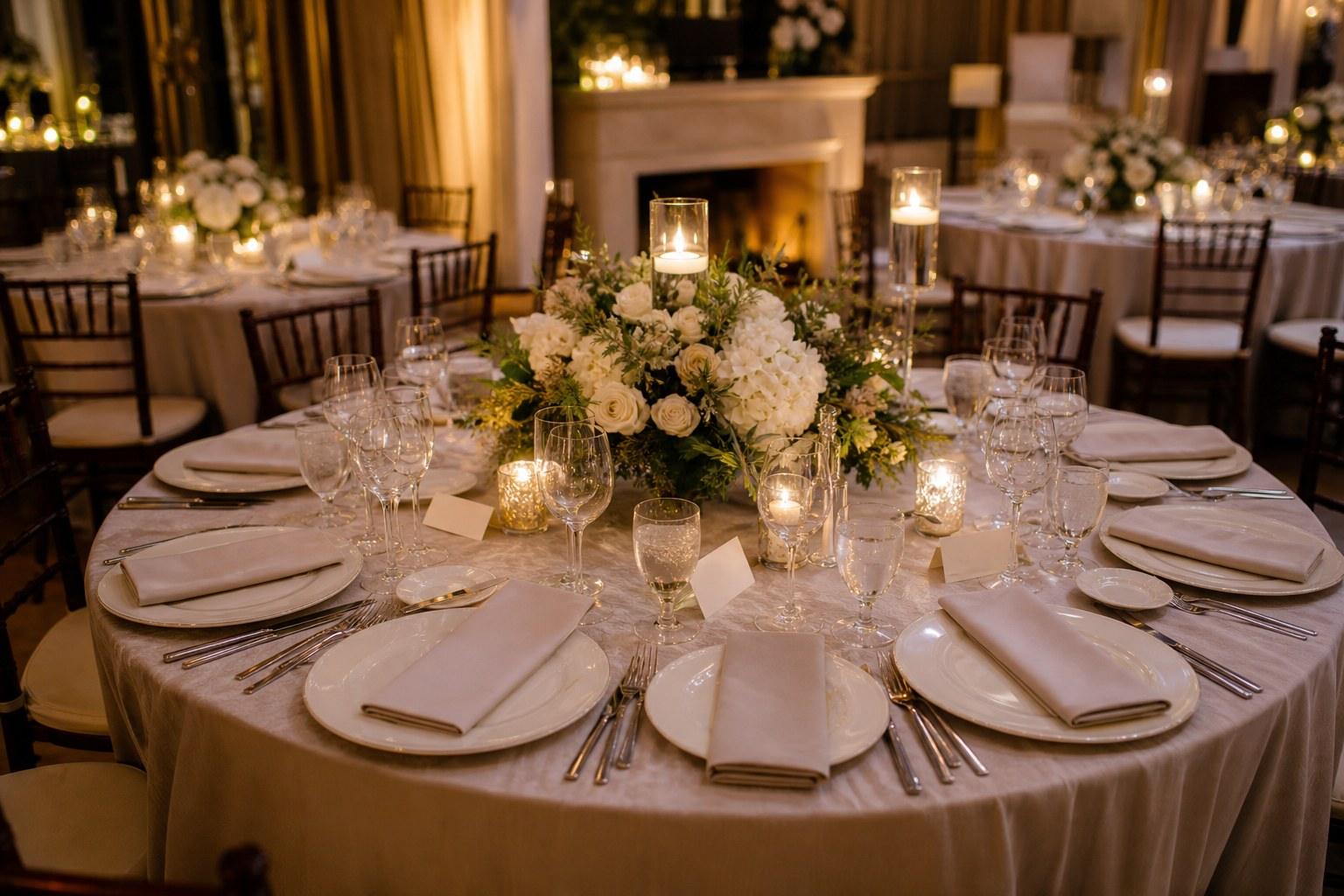 Wedding Academy | Wedding Seating Plan: How to Manage the Guest List Without the Chaos elegant round table setting at a wedding reception showing assigned place cards