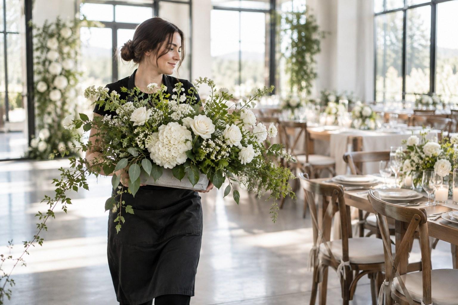 Wedding Academy | Wedding Reception Styling: Transforming a Room Between Ceremony and Party ceremony aisle florals being moved to reception tables during a room flip