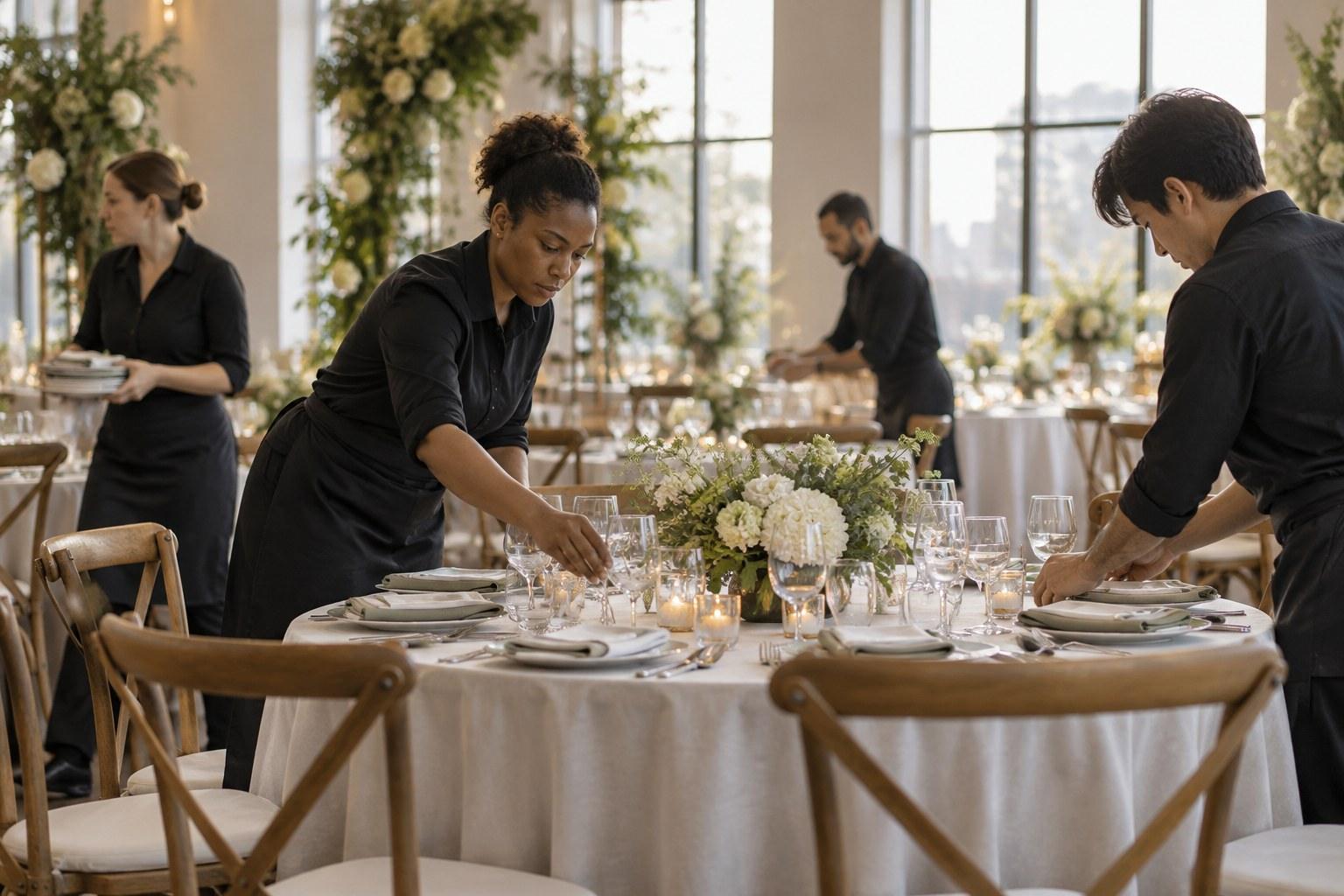 Wedding Academy | Wedding Reception Styling: Transforming a Room Between Ceremony and Party styling crew setting tables during a wedding reception room flip