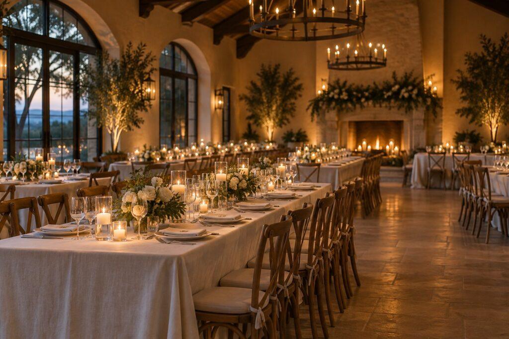 wedding reception room flip finished with styled long tables and candles
