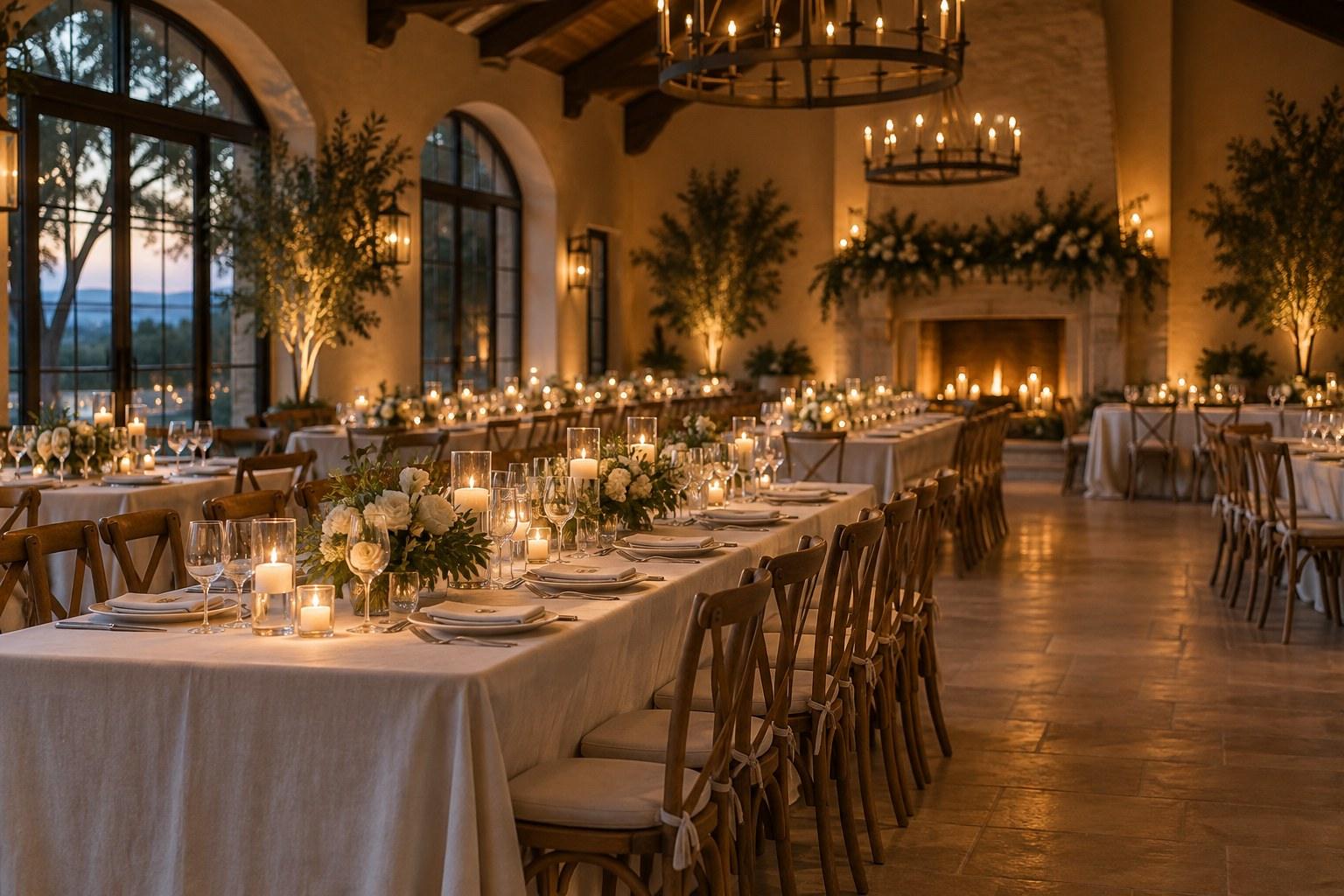 wedding reception room flip finished with styled long tables and candles