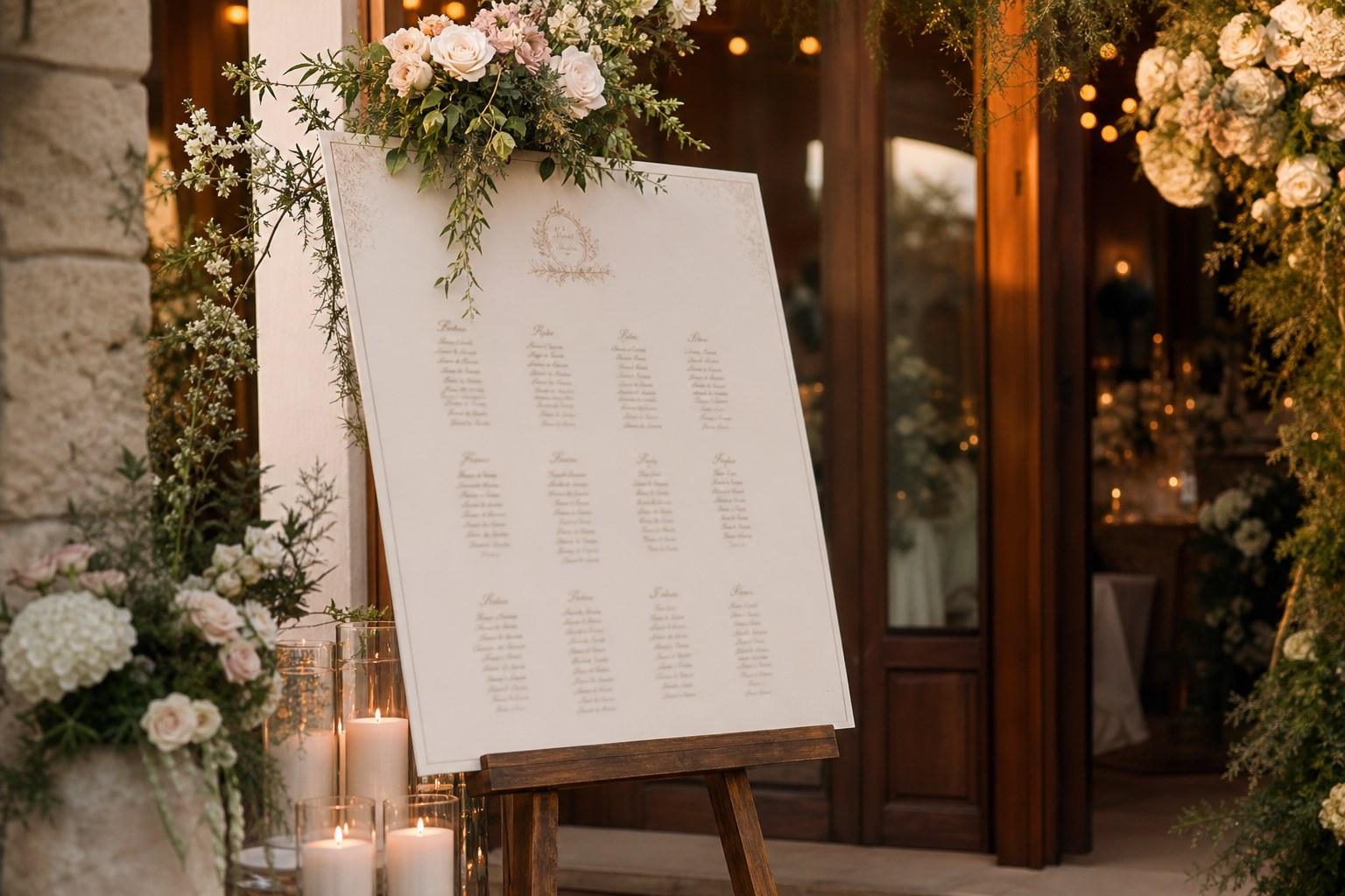 wedding seating plan chart displayed on an easel at a reception entrance