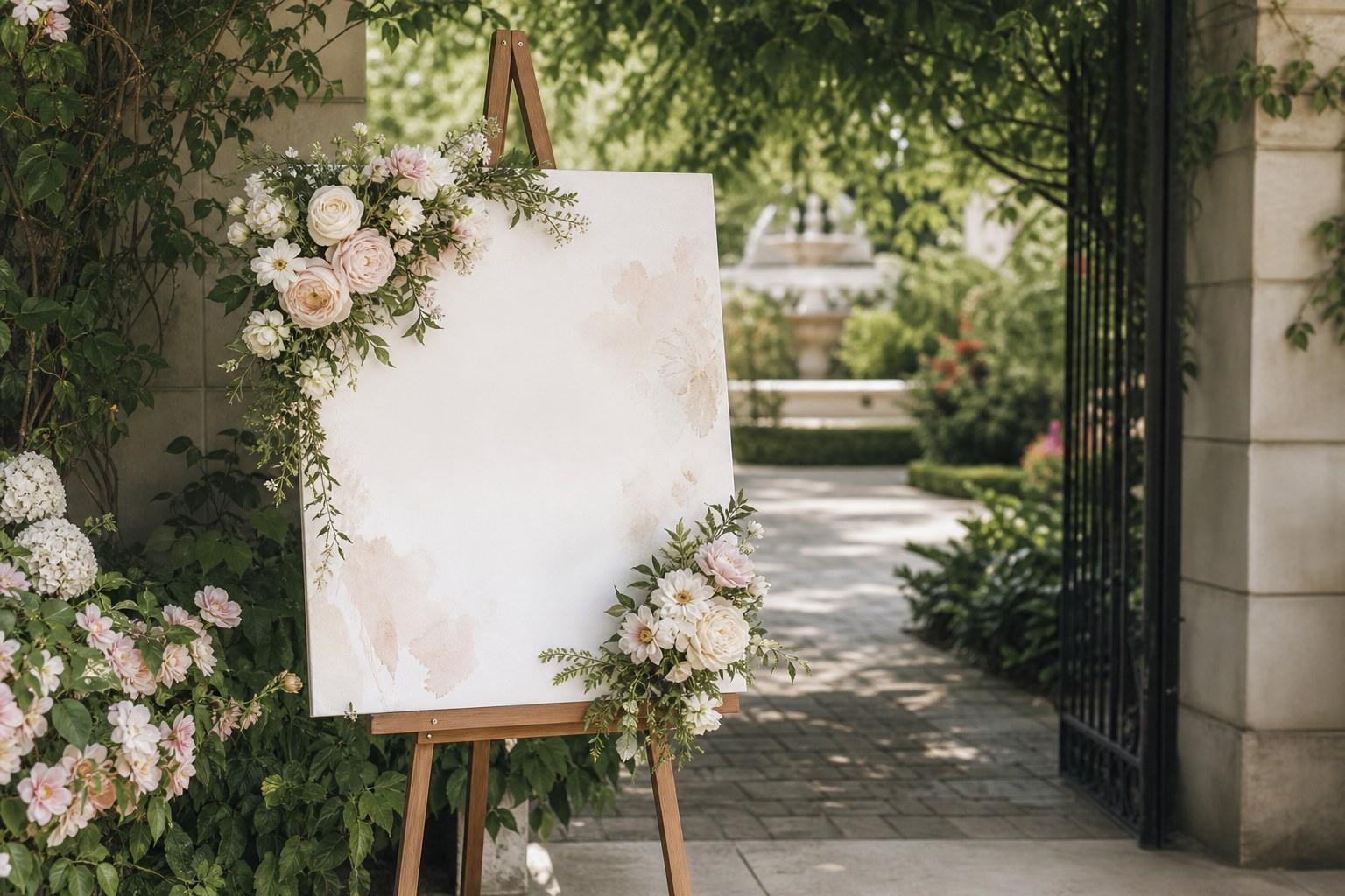 Wedding welcome signage styled with florals