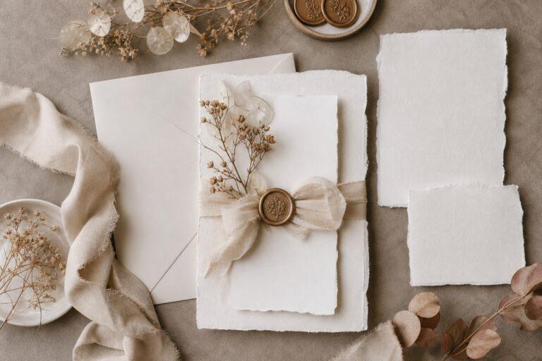 Wedding stationery suite styled flat lay