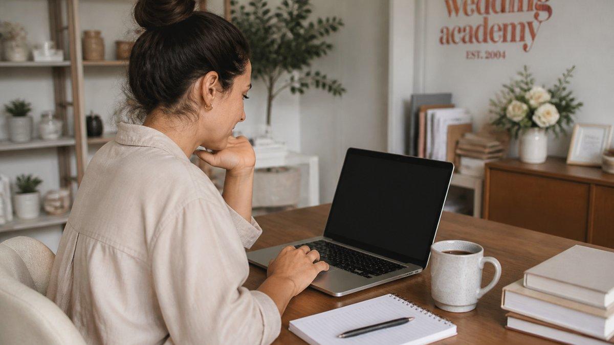 A woman in her thirties working at a tidy home desk with a laptop, notebook and coffee, comparing course options on screen in soft daylight