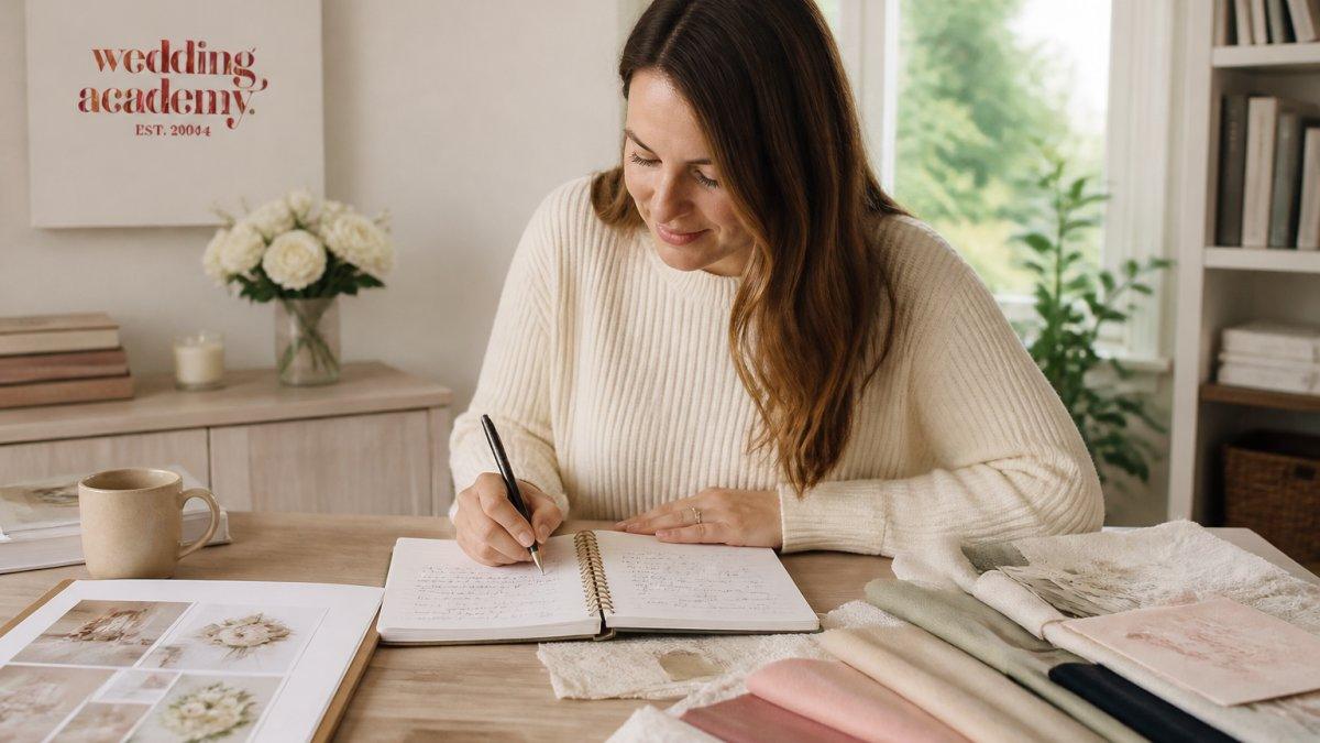 A woman studying for her wedding planning certification at a laptop in a bright home office with fabric swatches.
