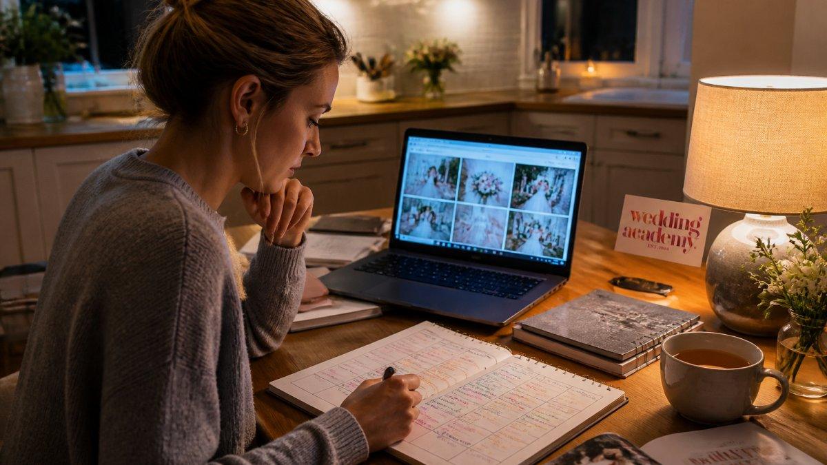 Infographic visualizing a weekly study wedding planning schedule for busy students with a laptop, planner, and tea.
