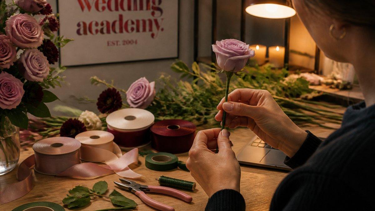 A floral designer's hands wiring a rose stem at a desk covered with ribbon spools, wire cutters, and a laptop showing an online lesson, warm evening lamplight
