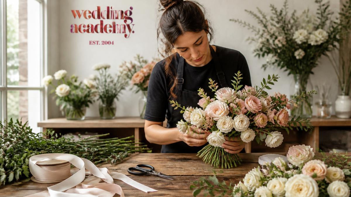Wedding Academy | Best Online Wedding Floral Design Courses for 2026 Step-by-step process of creating a wedding floral design with shears, ribbon, and fresh blooms on a table.