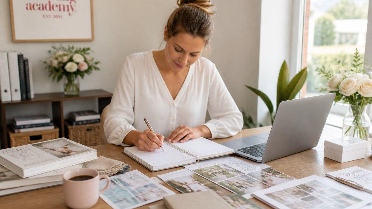 Wedding Academy | Best Online Wedding Planning Certification 2026 A person studying at a desk with a laptop and notebook, surrounded by wedding planning materials and a coffee cup, in a bright home office