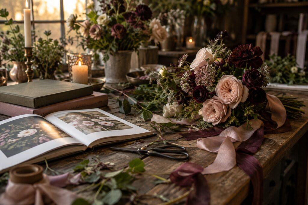 Books for wedding florists open on a studio bench beside snips, ribbon and a half-made bridal bouquet