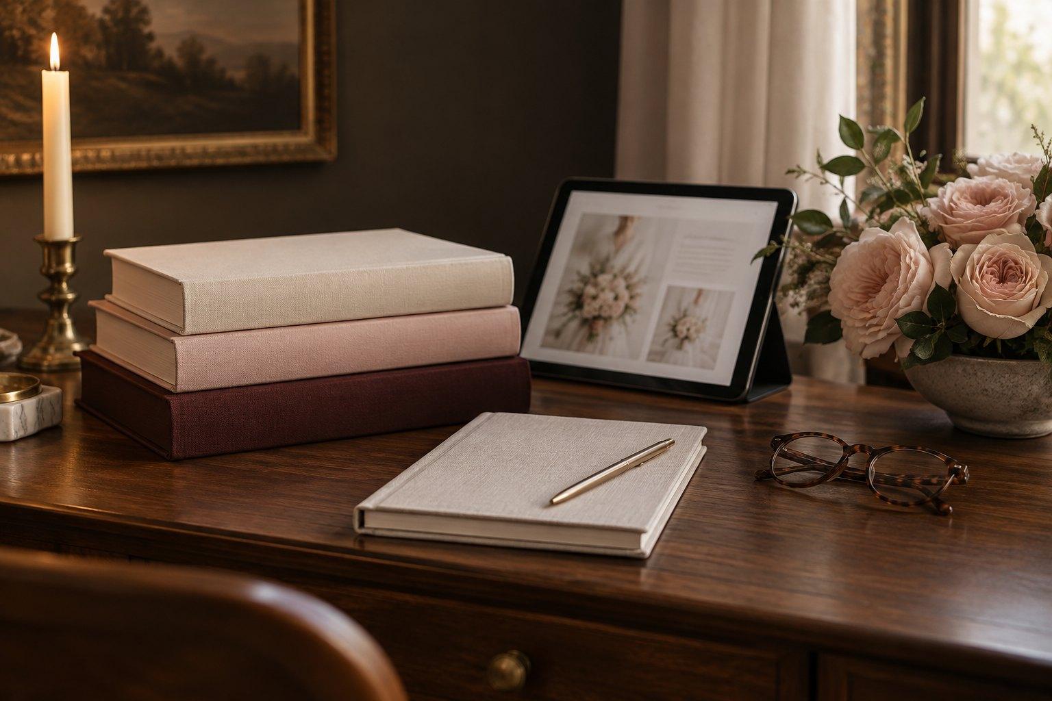 Books for wedding planners stacked beside a planning notebook, tablet and blush roses on a candlelit desk