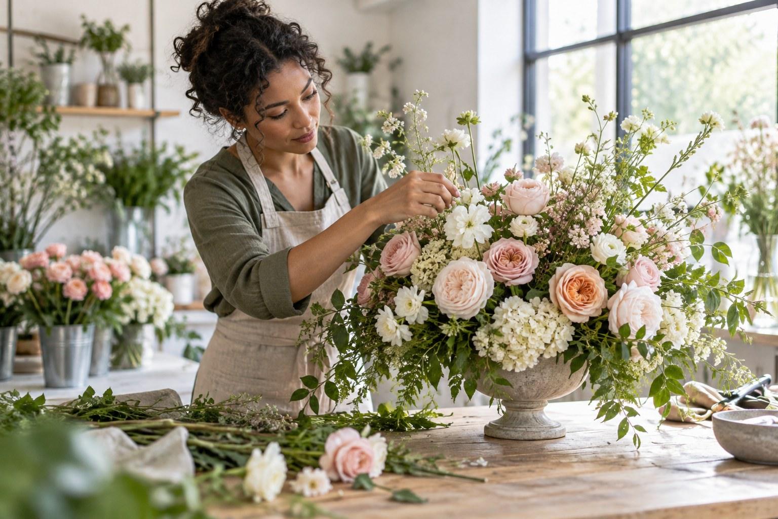 newly trained florist arranging wedding flowers