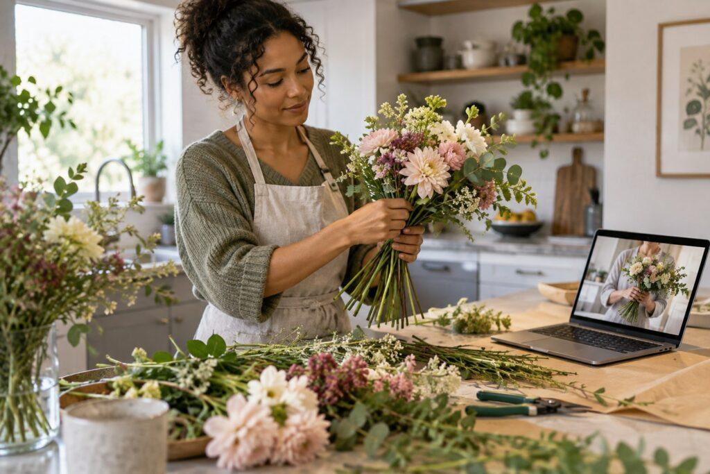 Student learning floristry online at home with fresh flowers student learning floristry online at home with fresh flowers