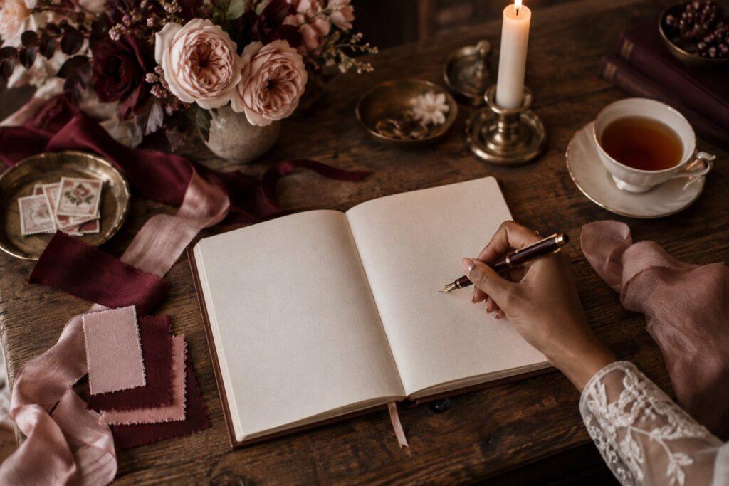 Choosing a wedding business name Wedding planner brainstorming wedding business name ideas in a notebook beside blush roses and candlelight