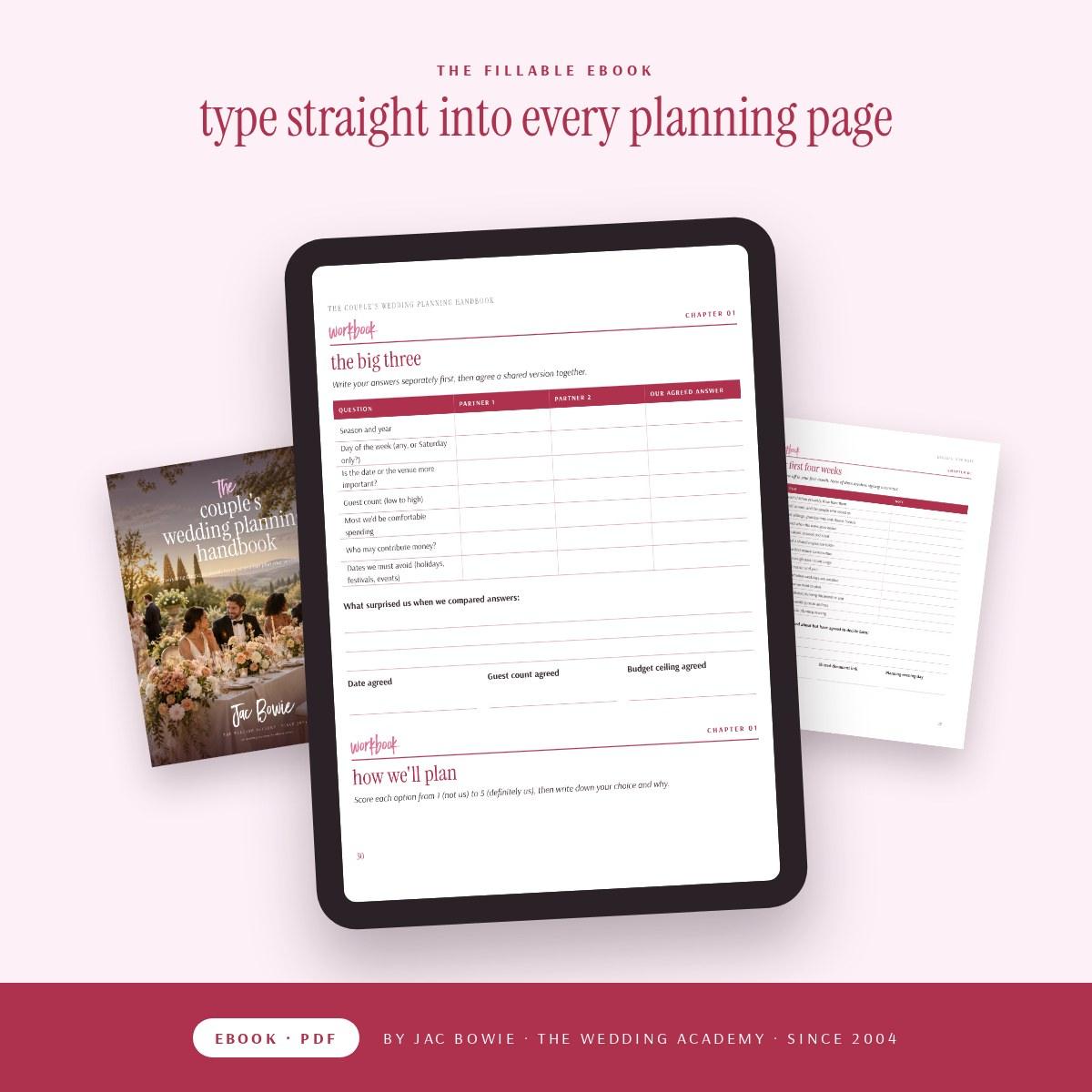 The Couple's Wedding Planning Handbook fillable ebook shown on a tablet