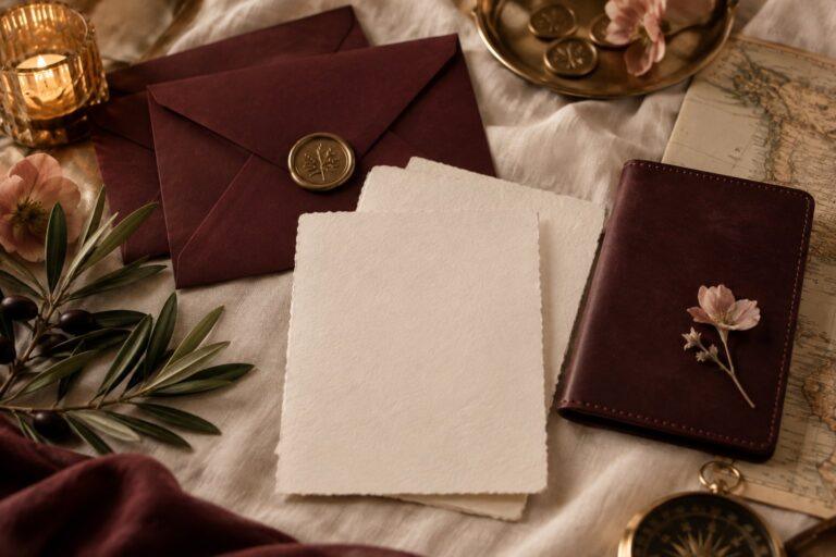 Destination wedding stationery Destination wedding guest communication pieces including blank save the date cards, envelopes and a passport on linen