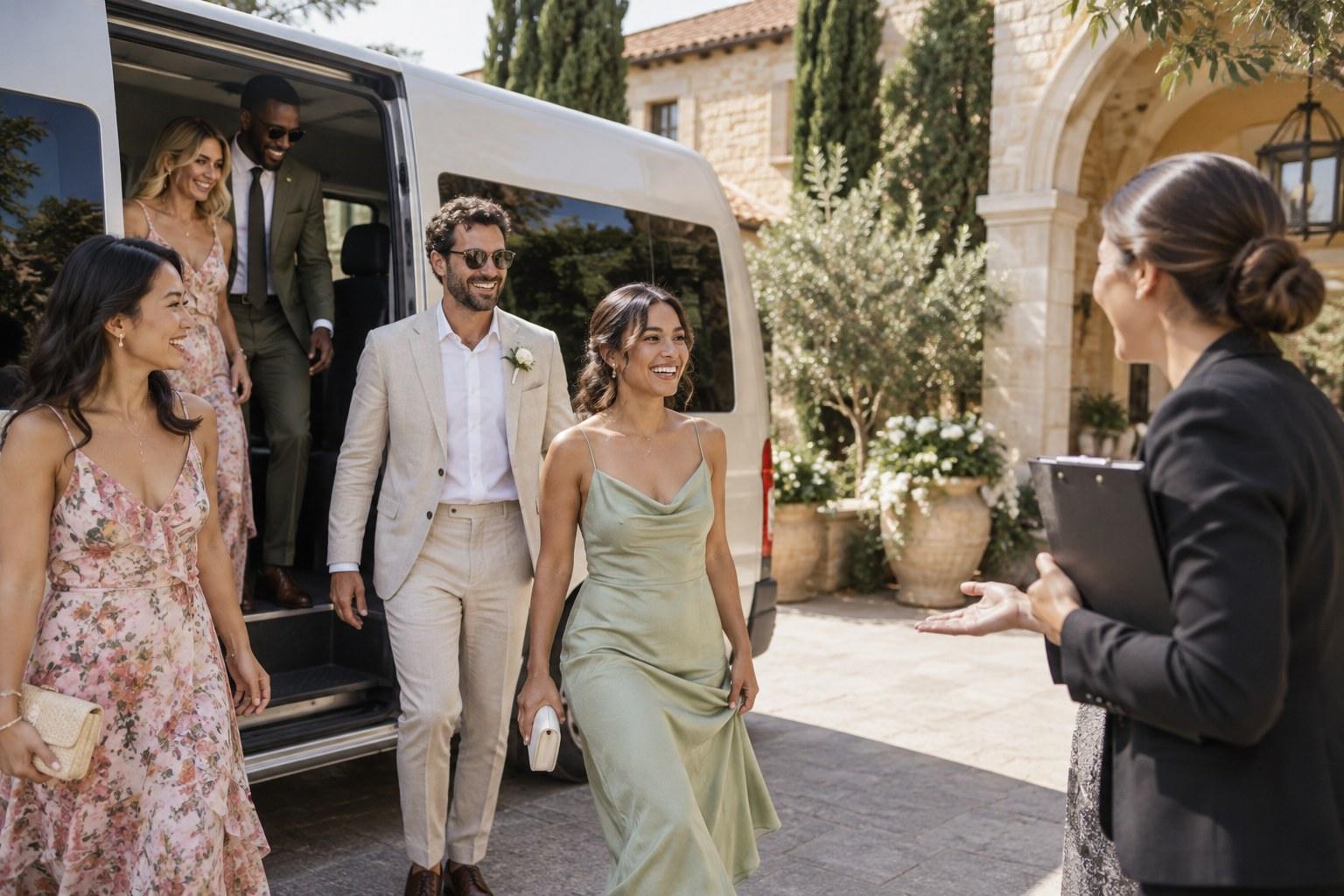guests arriving by shuttle as part of destination wedding guest logistics
