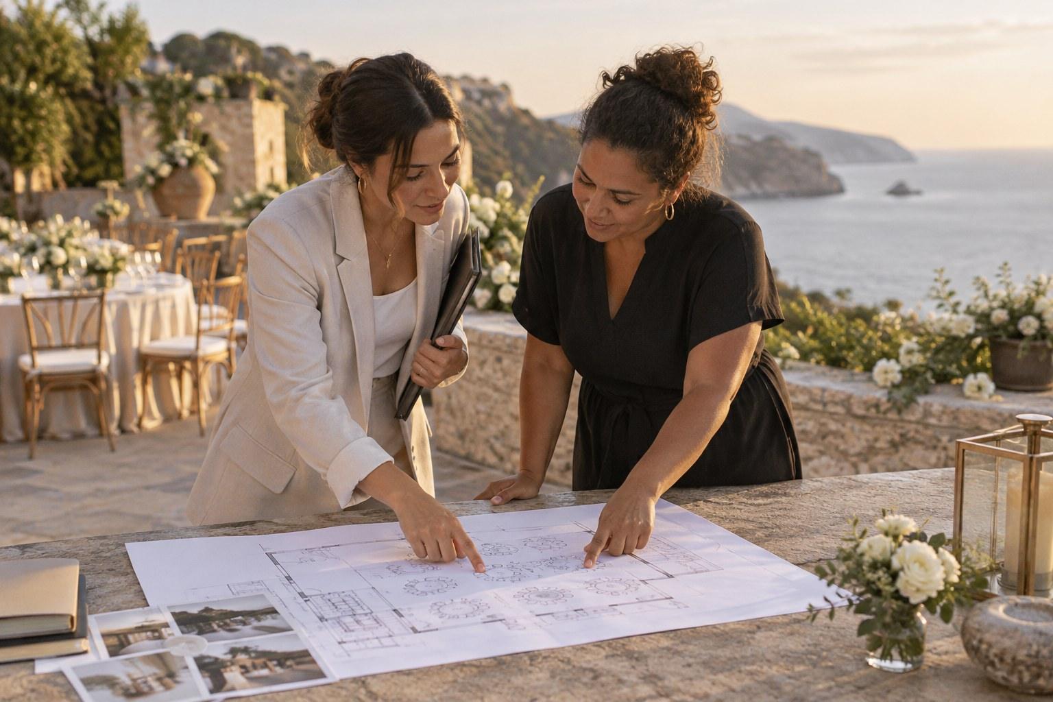 wedding planner and local venue coordinator reviewing a floor plan abroad