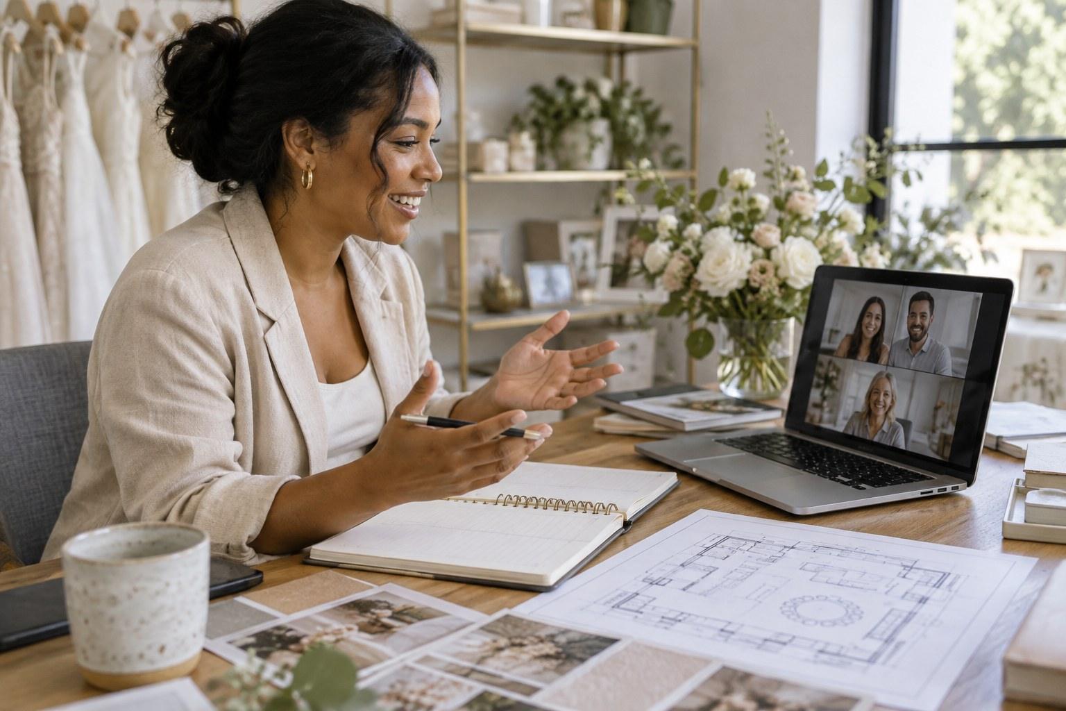 destination wedding planner on a video call with an overseas vendor
