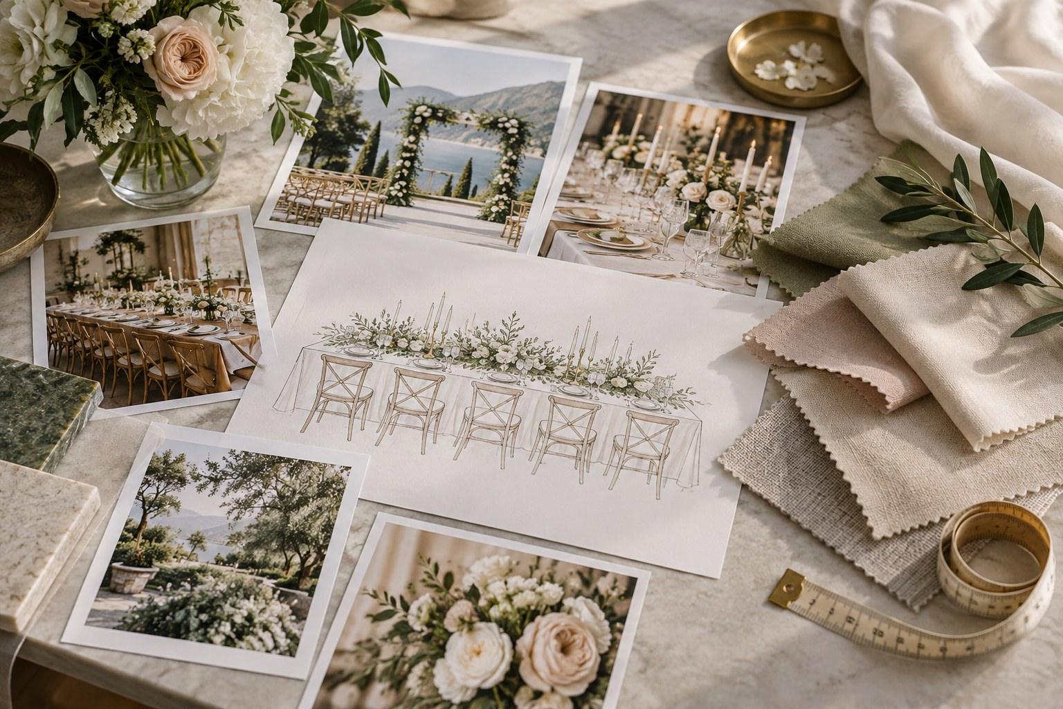 visual brief with photos and sketches for an overseas wedding vendor