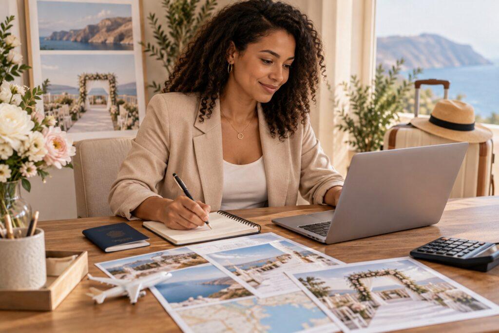 planner calculating destination wedding site visit cost