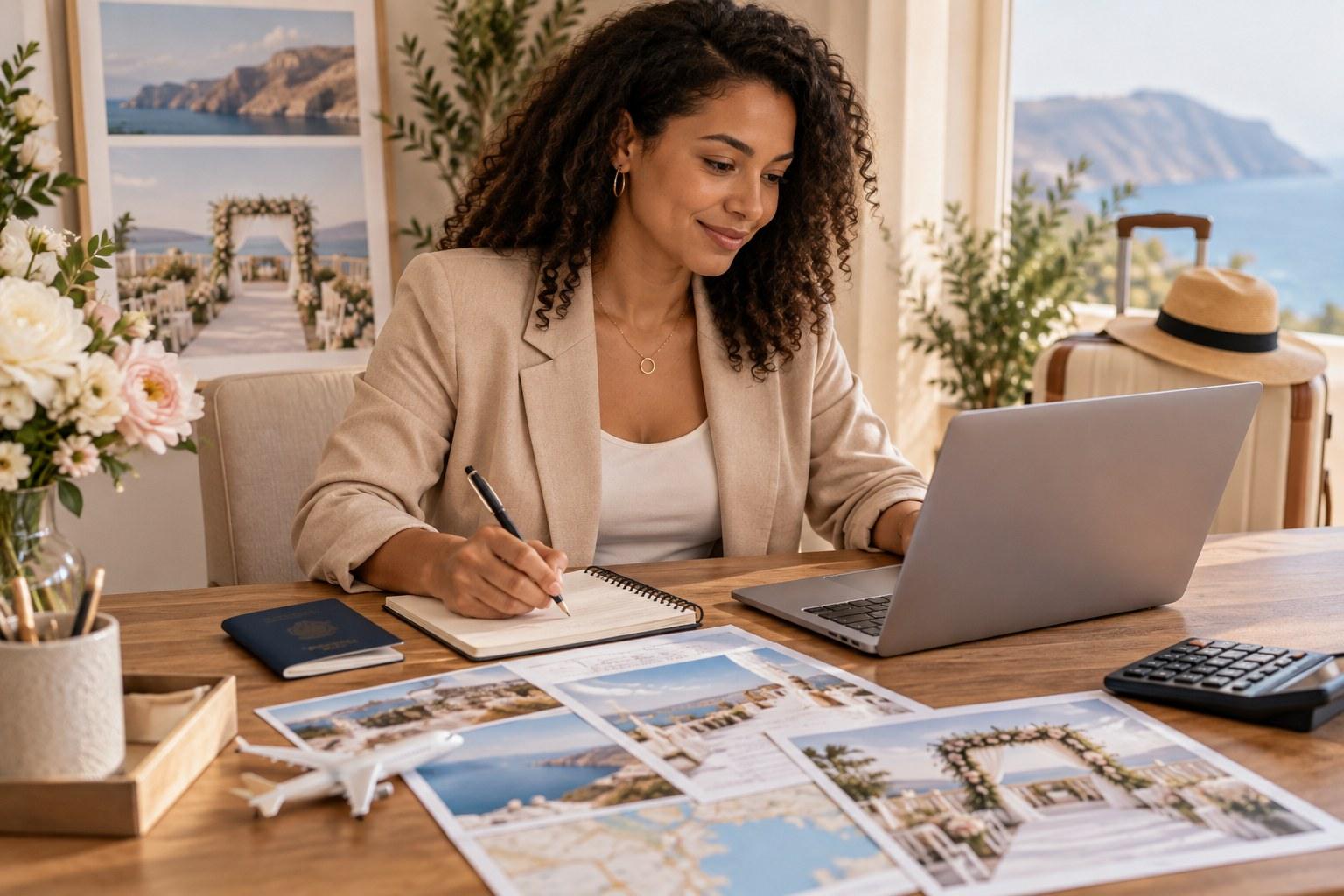 planner calculating destination wedding site visit cost