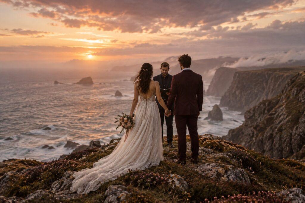 Eloping couple holding hands at an intimate clifftop ceremony, the kind of moment elopement packages are built around