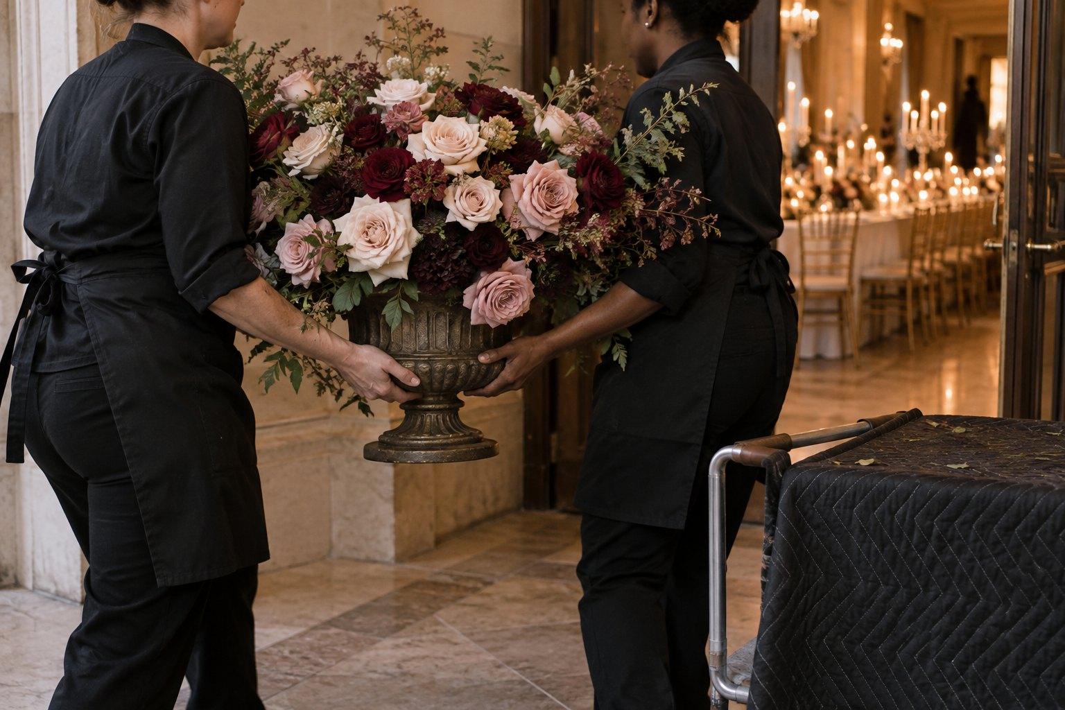 Wedding Academy | Repurposing Ceremony Flowers at the Reception: A Florist's Plan Florist team moving a ceremony urn arrangement to the reception as part of a plan for repurposing wedding flowers