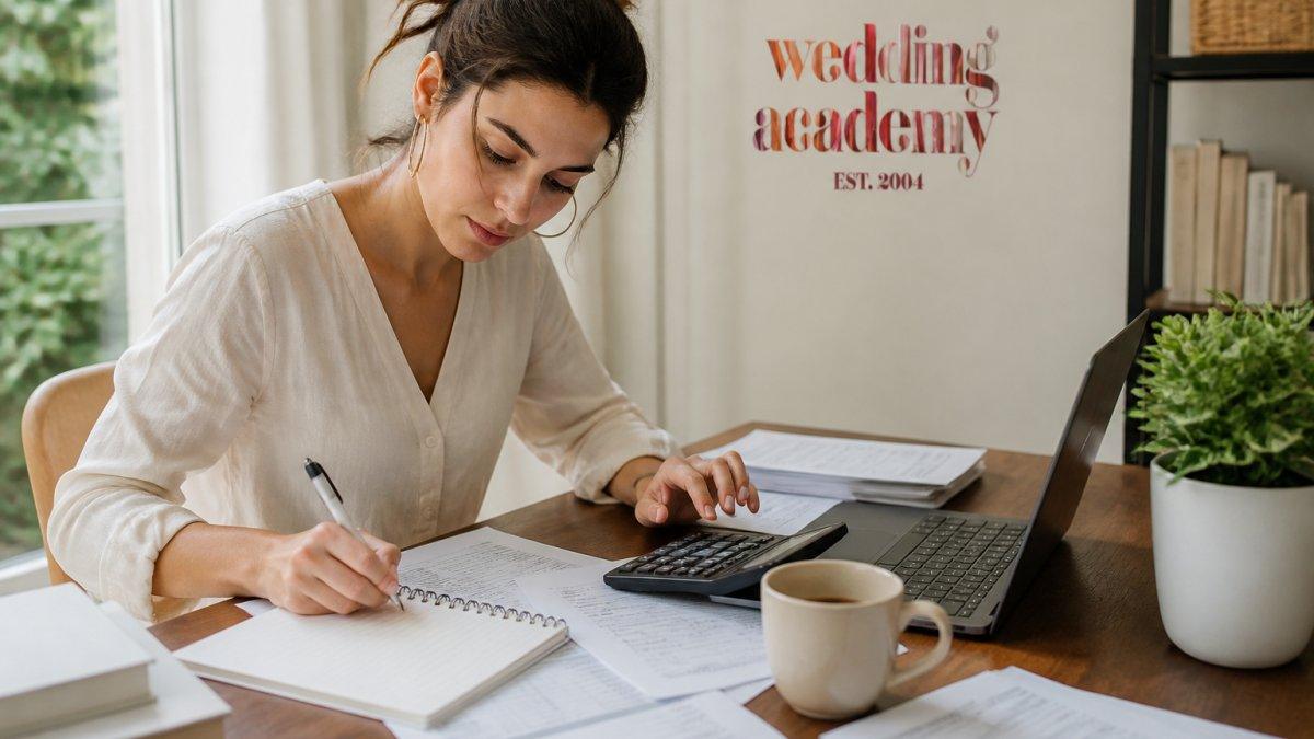 Wedding planner calculating expenses on a laptop to determine wedding planning pricing at a bright home office desk.