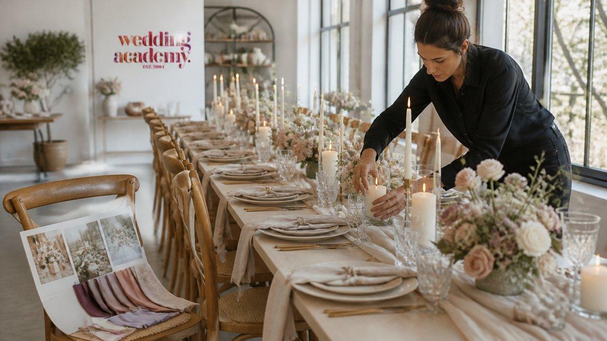 Wedding Academy | How to Become a Certified Wedding Stylist Infographic process for a certified wedding stylist arranging banquet decor and mood boards for clients.