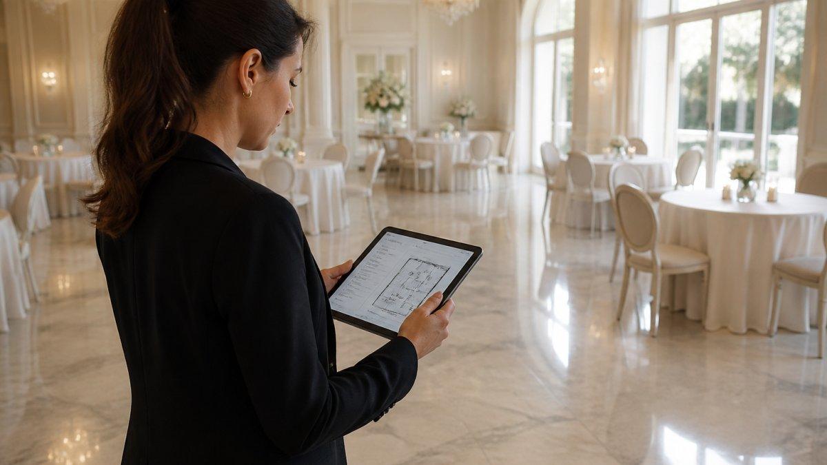 Wedding Academy | How to Become a Professional Wedding Planner Wedding planner reviewing a venue floor plan and timeline on a tablet to organize a professional event process