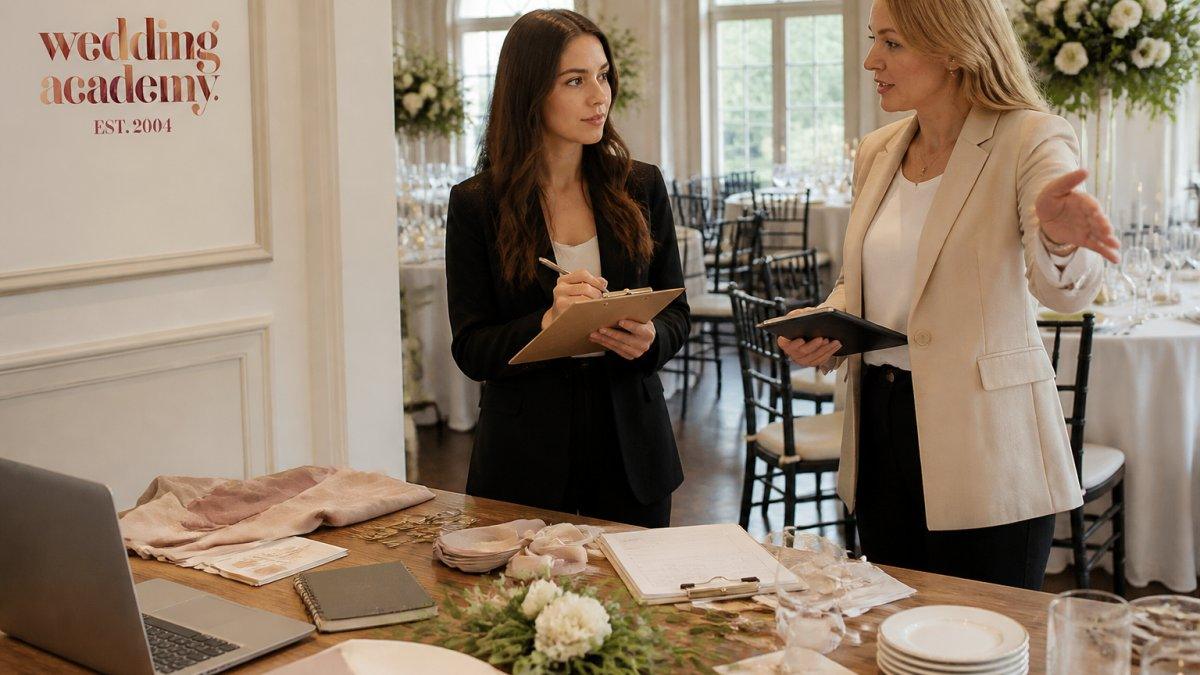 A young intern shadowing an experienced wedding coordinator at a venue walkthrough, holding a clipboard and taking notes while the coordinator points out setup details