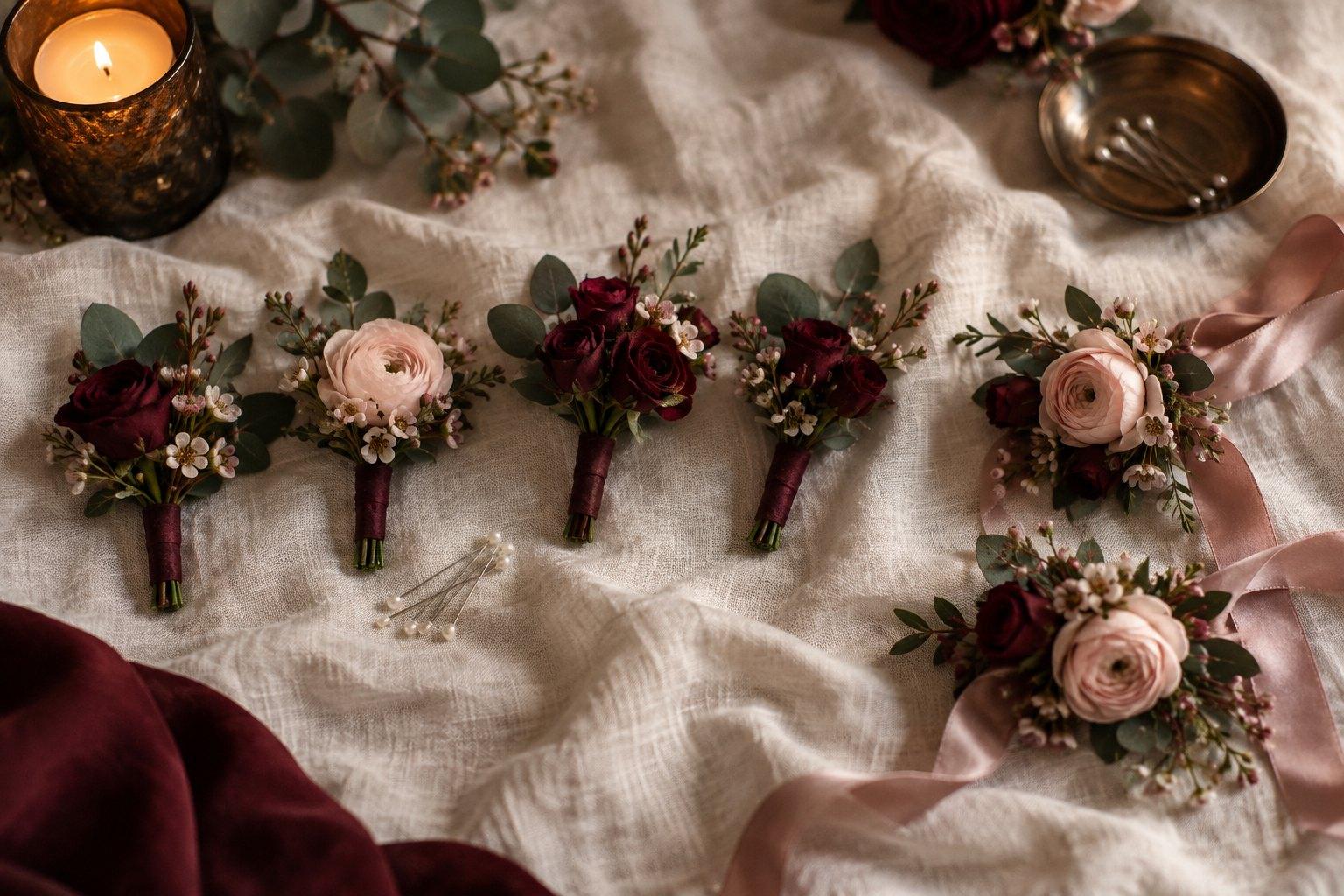 Finished wedding buttonholes and wrist corsages in blush and burgundy laid on linen — how to make buttonholes that last