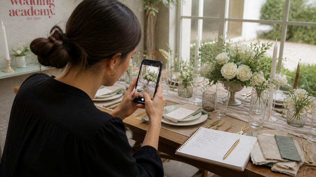 Wedding Academy | How to Market Your Wedding Business Online in 2026 Wedding vendor capturing a styled tablescape on a smartphone to learn how to market your wedding business online
