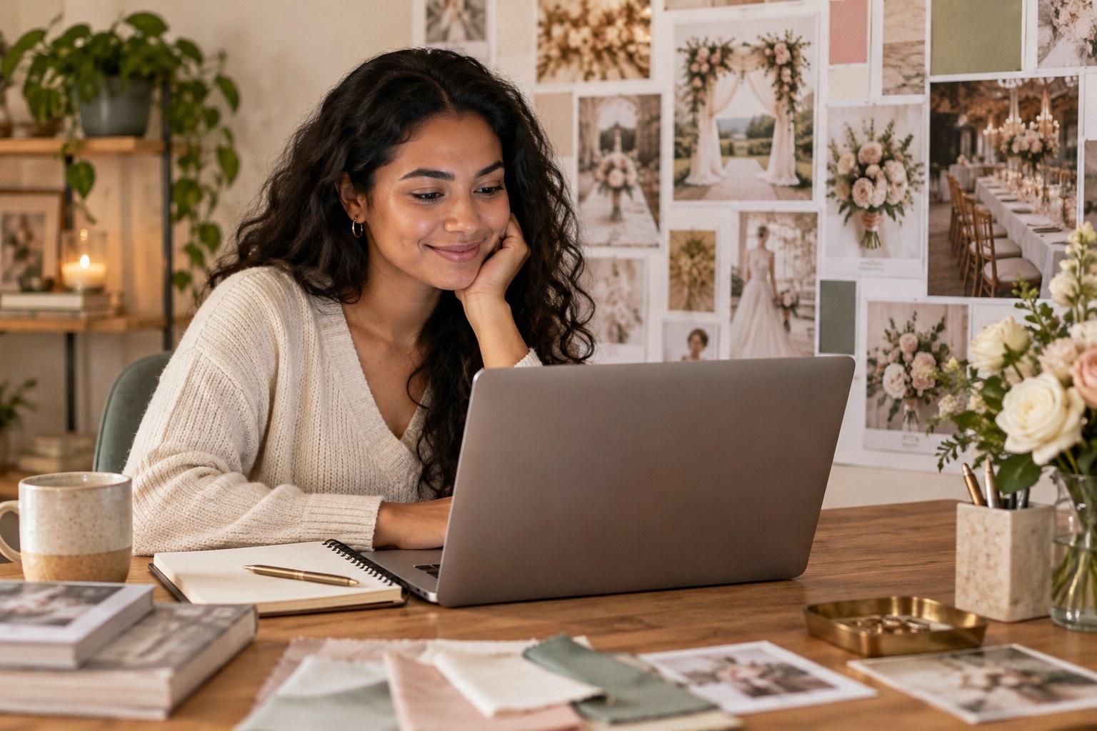 student studying an online wedding course from the wedding academy