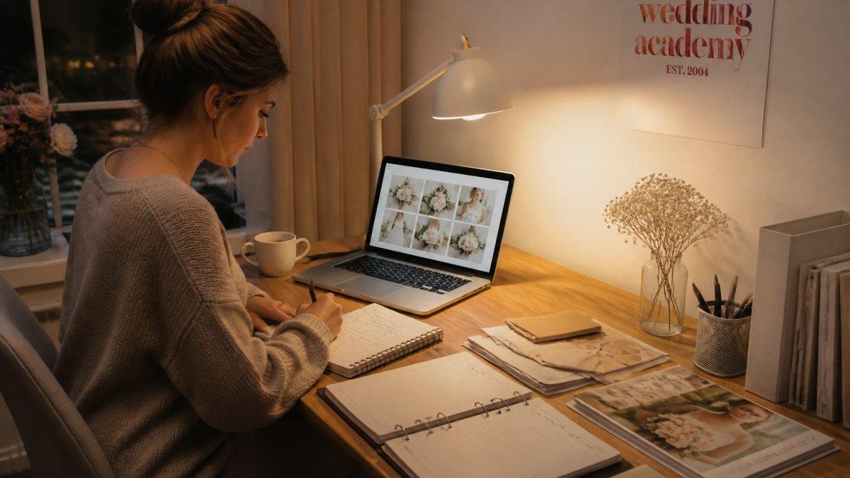 Wedding Academy | Is Wedding Planning Certification Worth It in 2026? A career changer studying at a home desk in the evening, laptop open with course materials, notebook and coffee nearby, warm lamp light
