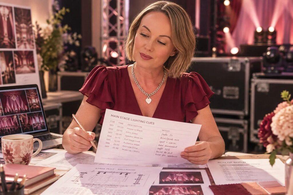 Jac Bowie reviewing an event production run sheet backstage Jac Bowie reviewing an event production run sheet backstage