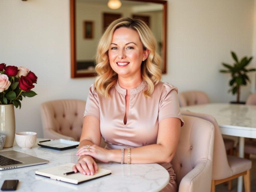 Jac Bowie at her desk planning a wedding course lesson
