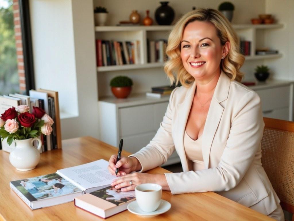 Jac Bowie writing at her desk with wedding books