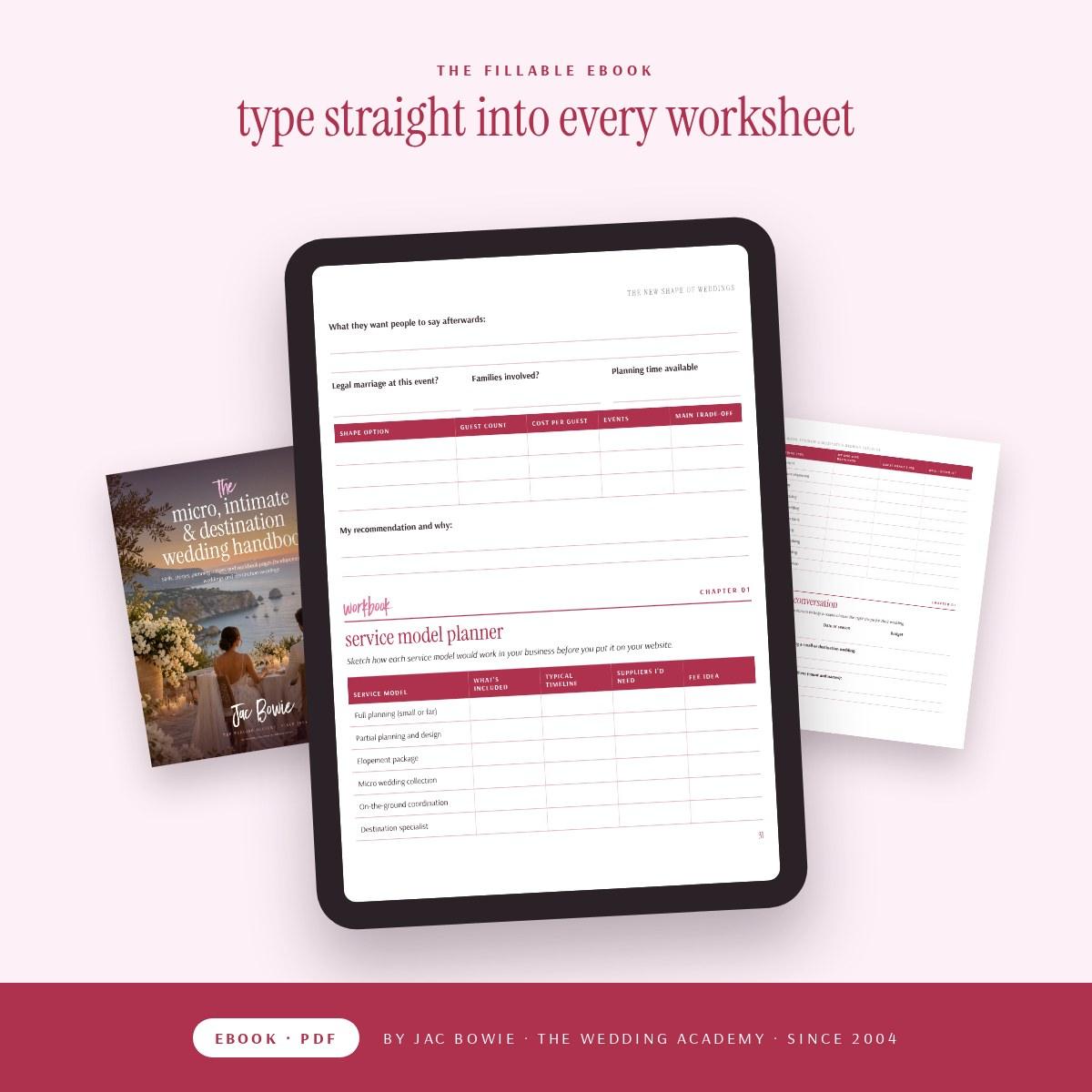 The Micro, Intimate & Destination Wedding Handbook fillable ebook shown on a tablet