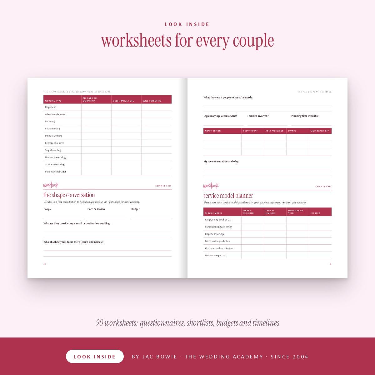 Inside The Micro, Intimate & Destination Wedding Handbook: worksheets for every couple