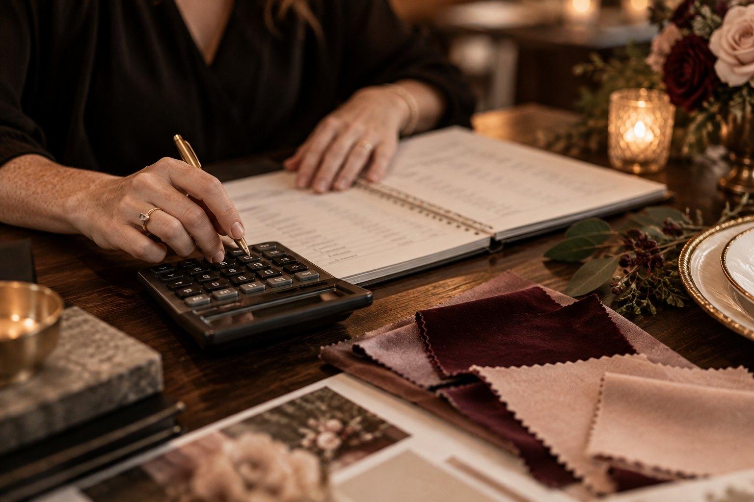 Wedding planner working through a micro wedding budget with a calculator, notebook and fabric swatches