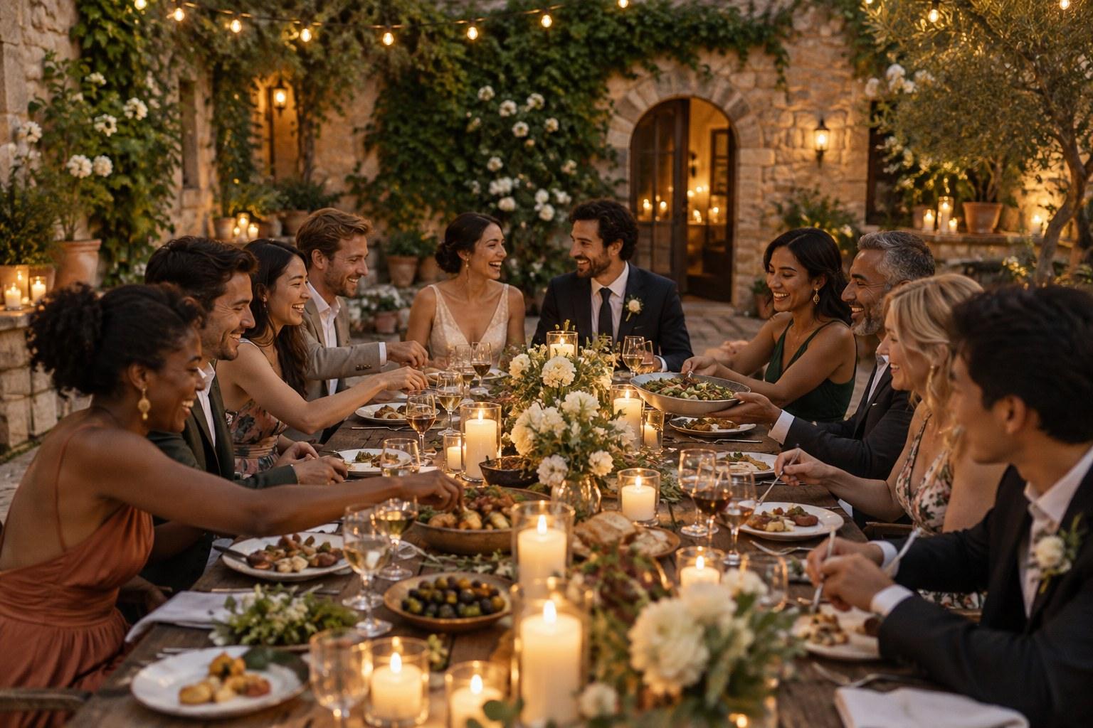 shared feast at a micro wedding long table