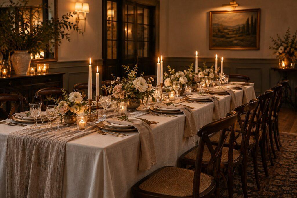 micro wedding styling with a single long candlelit table